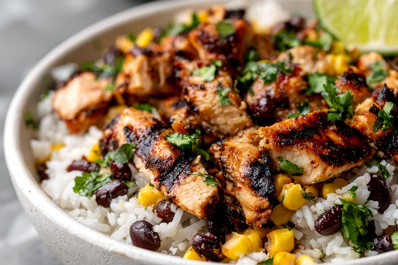 Overhead shot of neatly arranged ingredients for chipotle chicken bowls