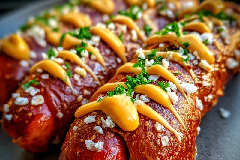 A variety of ingredients for cheesy pretzel dogs including flour, hot dogs, and cheese.