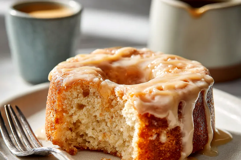 Close-up of maple donut bars being glazed with creamy maple glaze dripping from a spoon onto golden-brown baked bars on a wire cooling rack