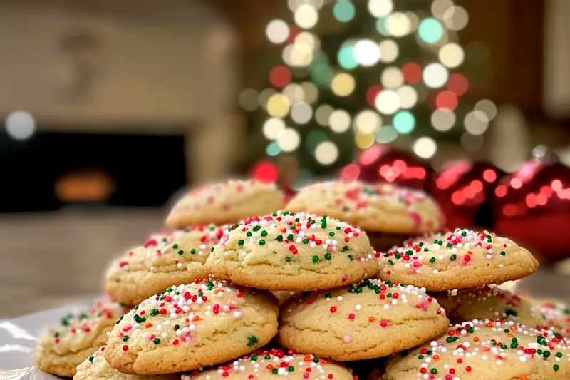 Cookies baking in the oven, rising to a perfect golden brown while being surrounded by festive decorations.
