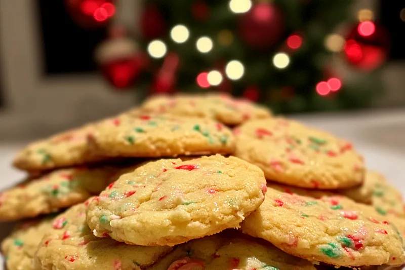 A variety of ingredients including butter, sugar, flour, and chocolate chips set out for making Festive Soft Pudding Cookies.