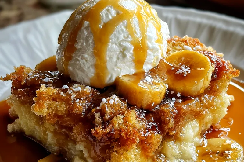 Golden banana cobbler baking in the oven with bubbling caramelized bananas and perfectly browned biscuit topping