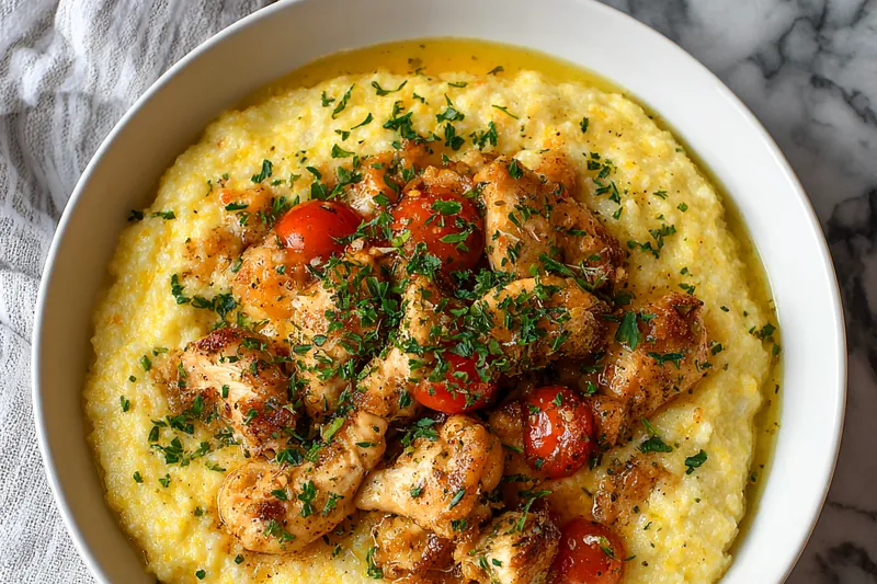 Cooking Southern Chicken Scampi Grits in a skillet