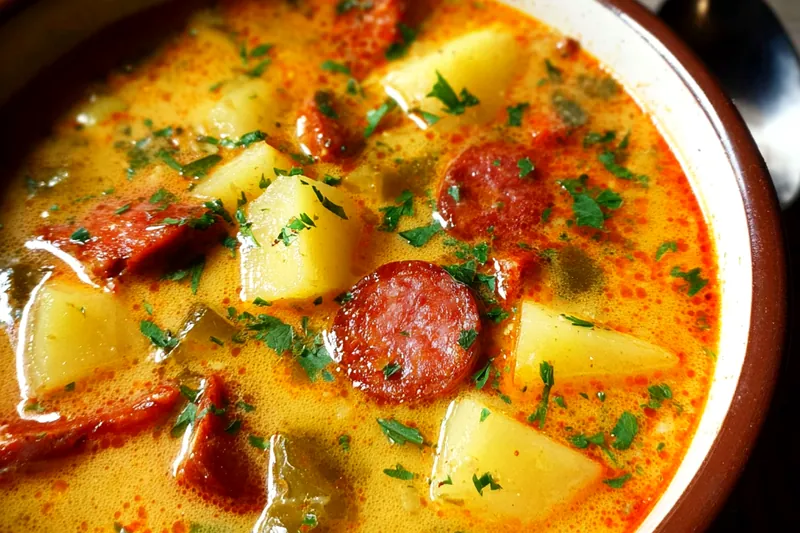 Large pot on stove with Spanish potato soup simmering, showing golden broth with visible chorizo and potato pieces