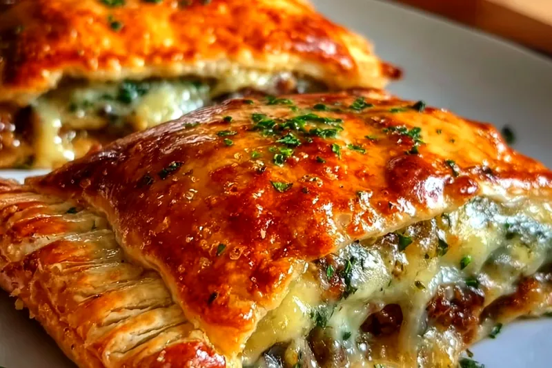 Spanish stuffed pie being assembled with golden pastry dough, colorful chorizo and potato filling visible, showing traditional preparation technique