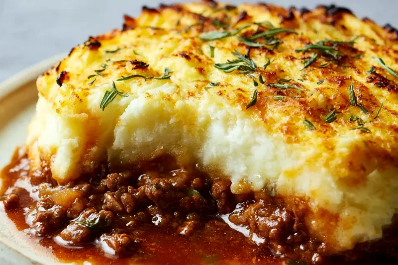 Fresh ingredients for spiced cottage pie including ground beef, potatoes, carrots, onions, and warm spices arranged on a rustic wooden surface