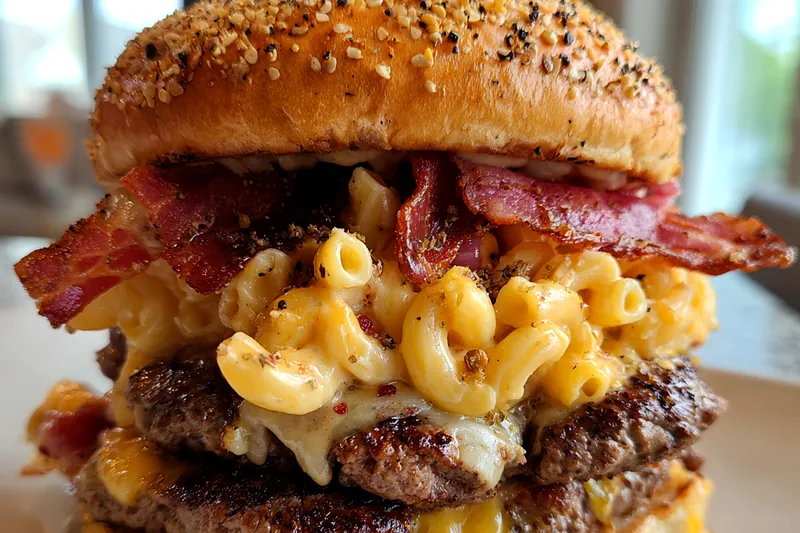 Chef grilling burgers and frying bacon for the Decadent Bacon Mac Burger.