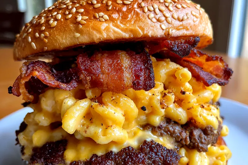 Fresh ingredients for Decadent Bacon Mac Burger laid out on a kitchen counter.