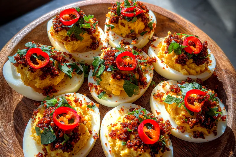 Cooking process for Spicy Deviled Egg Appetizer