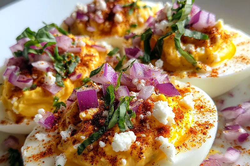 Cooking process for Spicy Deviled Eggs with Toppings