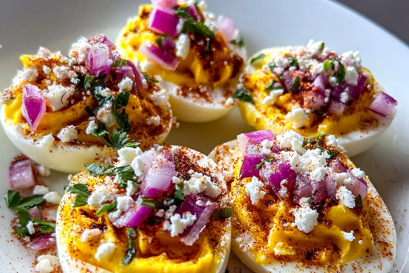 Fresh ingredients for Spicy Deviled Eggs with Toppings