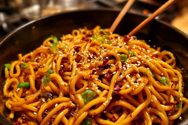 Cooking process of Spicy Garlic Chili Noodles in a skillet, showcasing vibrant colors and ingredients being sautéed.