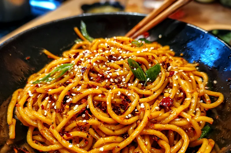 A colorful display of fresh ingredients including garlic, colorful bell peppers, and noodles for Spicy Garlic Chili Noodles.