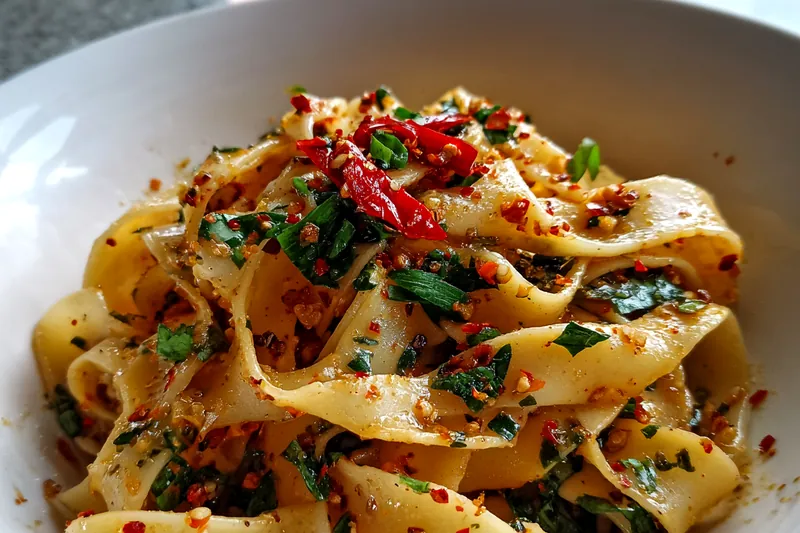 A skillet sautéing garlic and ginger for Spicy Garlic Noodles Delight, showcasing the cooking process.
