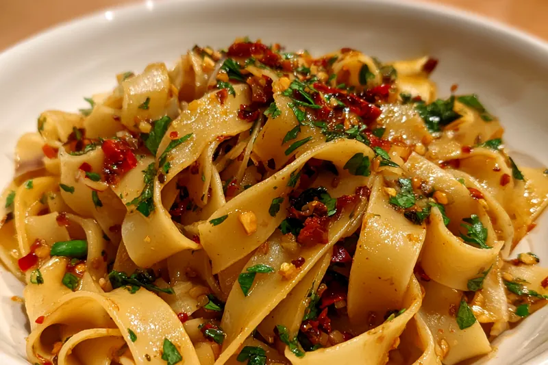 A vibrant display of fresh ingredients for Spicy Garlic Noodles Delight, including garlic, noodles, and green onions.