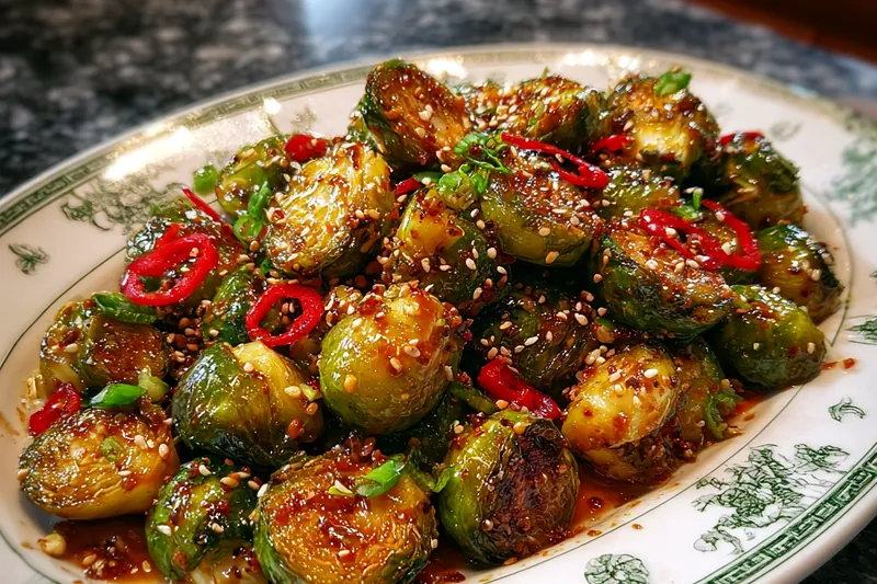 A vibrant setup of fresh Brussels sprouts alongside sauces and spices for Spicy General Tso's Brussels Sprouts.