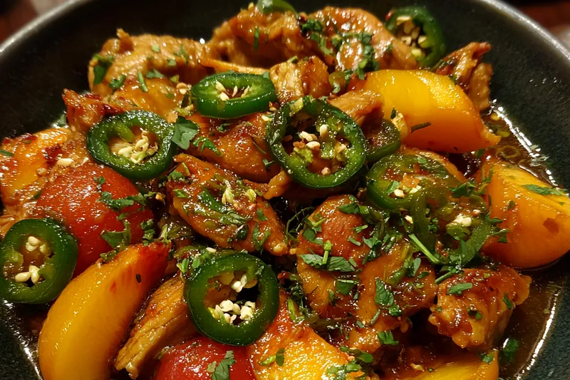 Cooking process for Spicy Peach Chicken Delight