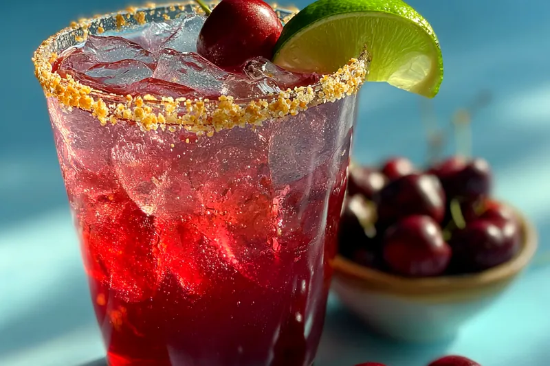 A vibrant display of fresh cherries, limes, and ingredients for making Chilled Cherry Limeade Cocktail.