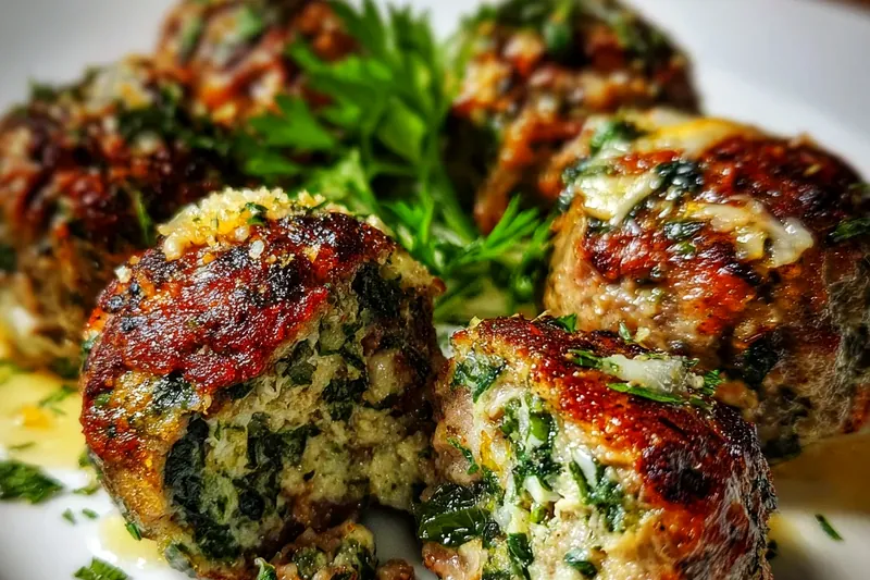 Fresh ingredients laid out including ground beef, bright green spinach leaves, garlic cloves, cubes of white mozzarella cheese, breadcrumbs, and Parmesan cheese on a marble countertop