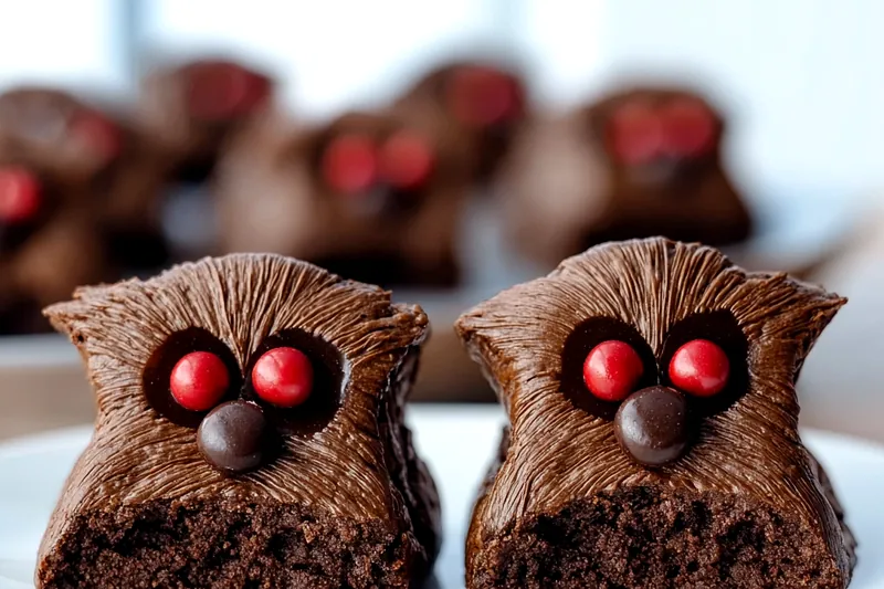Hands spreading textured coconut and almond mixture over chocolate brownies to create Chewbacca's fur pattern, with chocolate chips ready for facial features