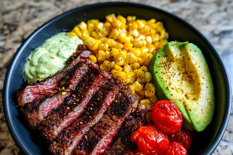 Chef grilling flank steak in a skillet, preparing Steak and Avocado Bowl Delight.