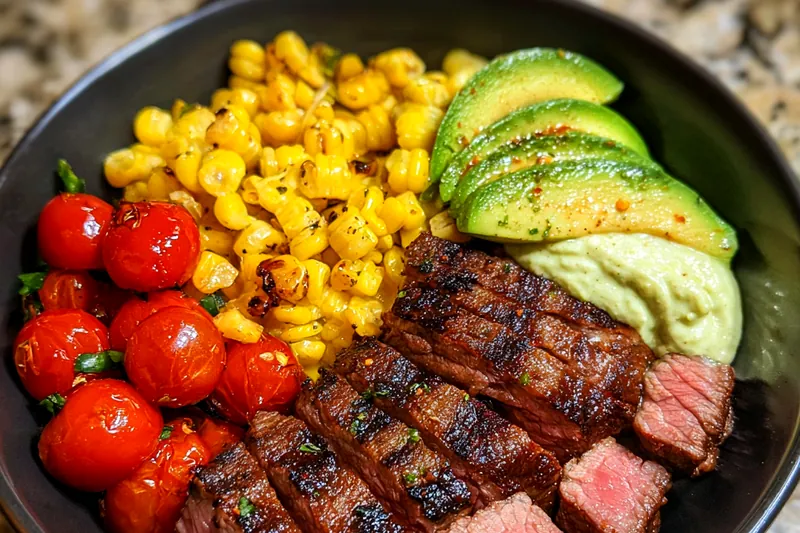 Colorful array of ingredients for Steak and Avocado Bowl Delight, including steak, avocados, and fresh veggies.