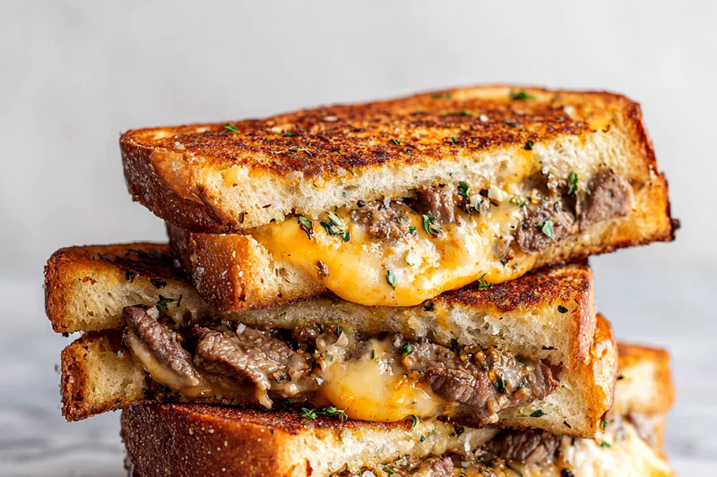 Ingredients for steak grilled cheese and garlic bread laid out