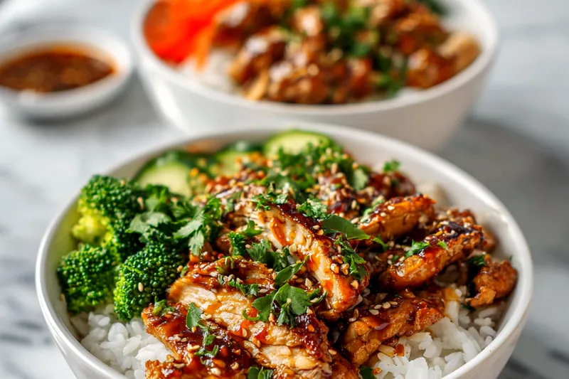 Fresh ingredients for sticky chicken rice bowl including raw chicken, jasmine rice, soy sauce, honey, and colorful vegetables arranged on a marble counter