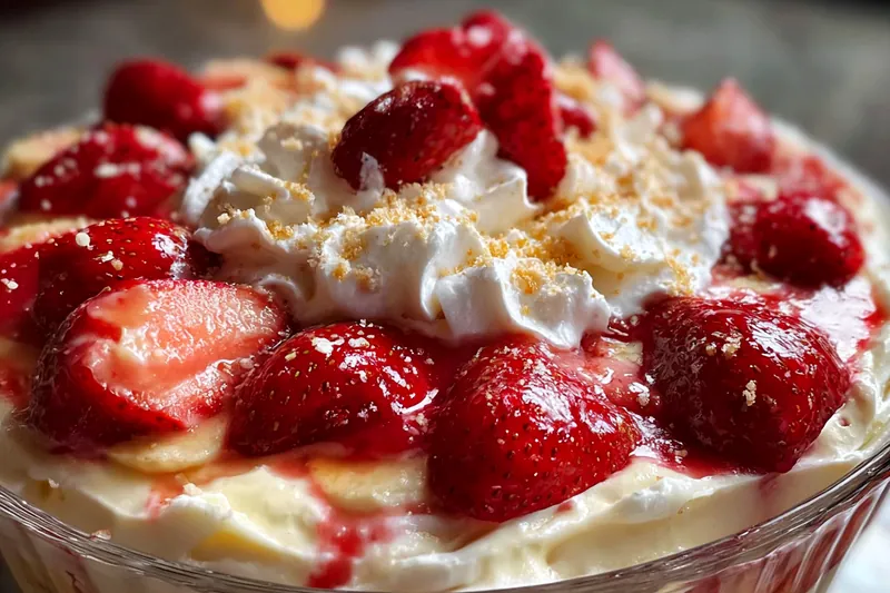 Ingredients for strawberry banana pudding including fresh strawberries, ripe bananas, vanilla wafers, milk, eggs, and cream arranged on a wooden surface