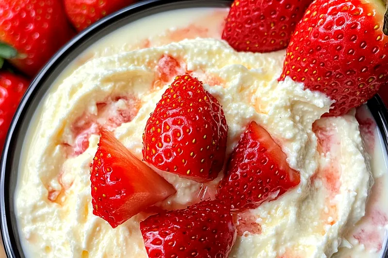 Step-by-step process showing strawberries being macerated, cream cheese being beaten, and the final pink dip being assembled