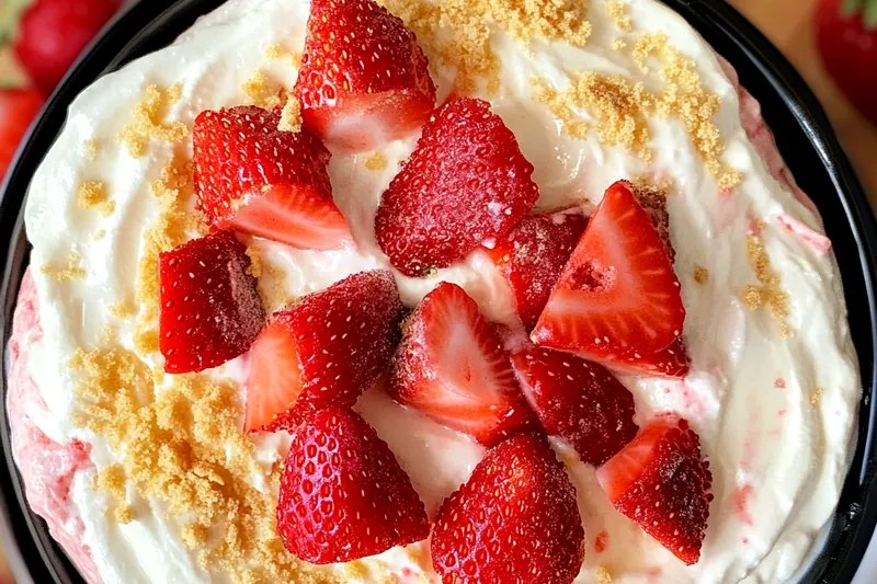 Fresh ingredients for strawberry cheesecake dip including cream cheese, strawberries, heavy cream, and various dippers arranged on a wooden board