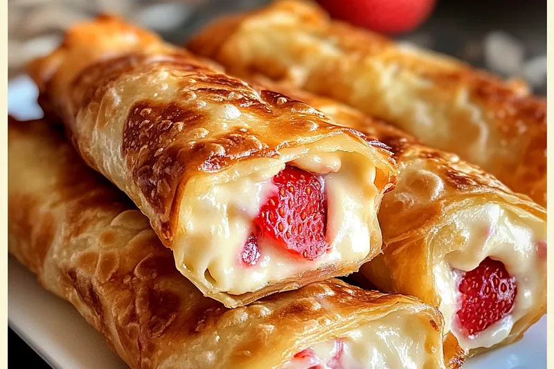 Golden strawberry cheesecake eggrolls frying in hot oil, showing the perfect golden-brown color and crispy texture as they cook
