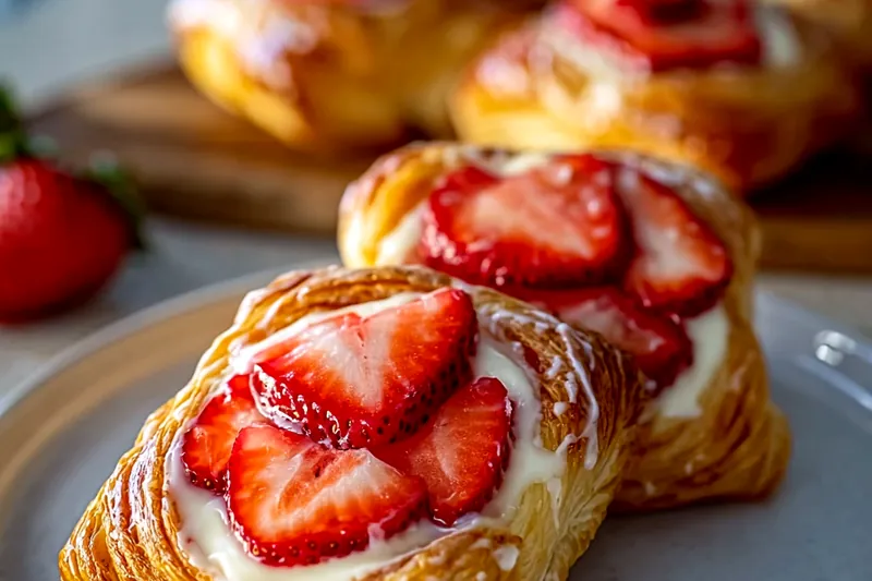 Strawberry Danish pastries baking in the oven, showing golden-brown puff pastry with cream cheese filling and strawberry pieces bubbling slightly