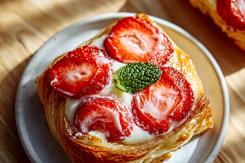 Ingredients for strawberry Danish arranged on a white marble countertop including puff pastry, fresh strawberries, cream cheese, eggs, and vanilla extract