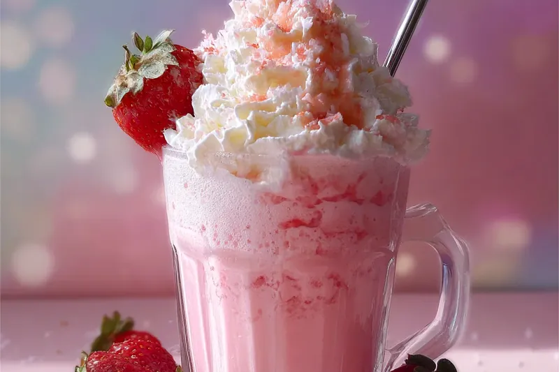 Blender in action with pink strawberry milkshake mixture swirling, showing the creamy texture being created