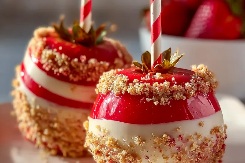 Candy thermometer in bubbling strawberry candy mixture reaching 300°F, with prepared apples and toppings ready for dipping process