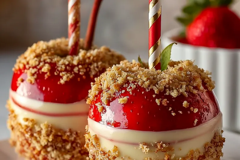 Fresh Granny Smith apples, candy-making ingredients, crushed shortbread cookies, freeze-dried strawberries, and whipped cream ingredients arranged on a marble surface