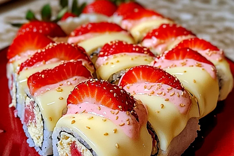 Hands rolling dessert sushi on bamboo mat, showing the technique of spreading rice and adding colorful fillings