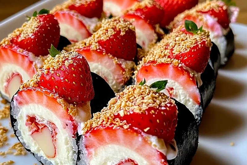 Dessert sushi ingredients including nori sheets, pink-tinted rice, cream cheese, fresh strawberries, and crushed shortbread cookies arranged aesthetically