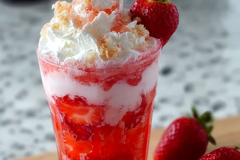 Blender filled with pink strawberry mixture being blended, with fresh strawberries and shortbread cookies visible nearby