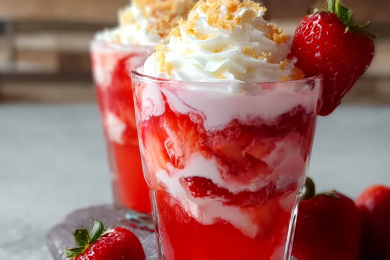 Fresh strawberries, vanilla ice cream, shortbread cookies, heavy cream and other ingredients arranged on a marble countertop