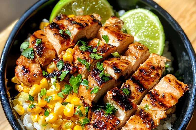 Cooking process of Savory Street Corn Chicken Bowl with chicken sizzling in a skillet and corn mixture being prepared.