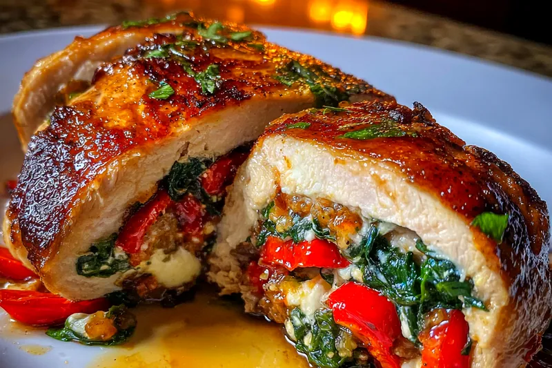 Cooking process for Stuffed Chicken with Spinach and Peppers