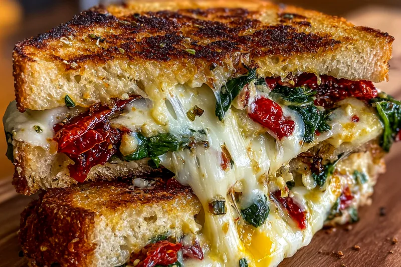 Chef flipping a perfectly grilled Savory Grilled Cheese Delight in a skillet.