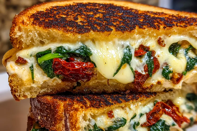 Colorful display of ingredients for Savory Grilled Cheese Delight, including breads and cheeses.