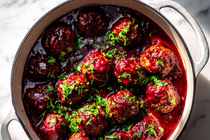 Close-up action shot of meatballs browning in a stainless steel skillet, golden-brown on the visible sides, with kitchen tongs nearby and the cranberry sauce mixture in a saucepan in the background, steam rising from both pans
