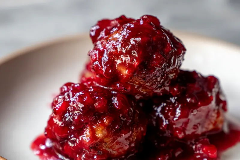 Overhead view of recipe ingredients arranged on a white marble countertop including ground beef in a glass bowl, whole berry cranberry sauce in its can, chili sauce bottle, brown sugar in a small bowl, breadcrumbs, fresh eggs, and small bowls of spices