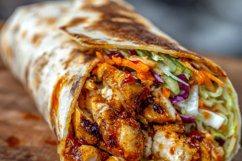 Ingredients for sweet chili chicken wrap including raw chicken tenders, vegetables, sweet chili sauce, tortillas, and breading ingredients on a white counter