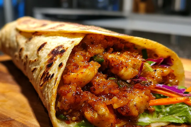 Chef cooking sweet chili chicken in a skillet, with sizzling sounds and vibrant colors.