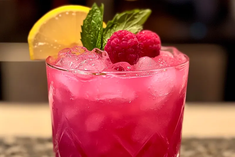 Hands muddling fresh raspberries and strawberries in a cocktail shaker, showing the proper technique for releasing berry juices and natural colors